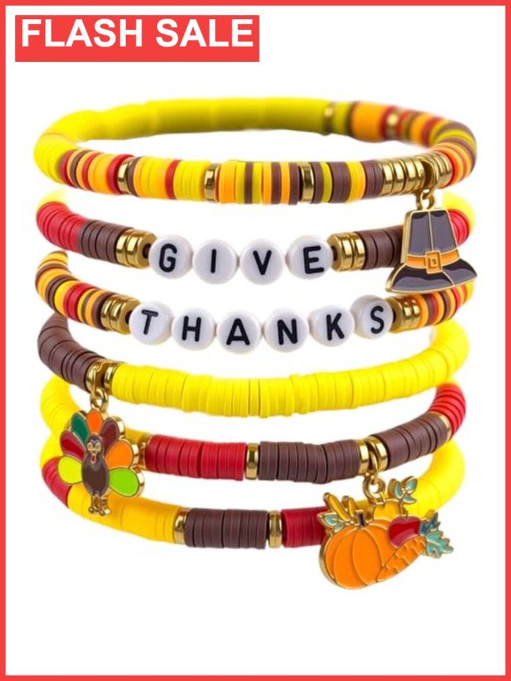 Thanksgiving Bracelets 6 Pack Polymer Clay Beaded Stretch Set Fall Party Favors